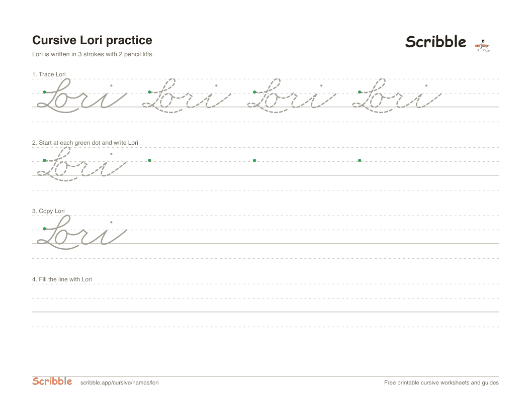 Preview of the printable Lori in cursive worksheet: trace, copy, and practice rows