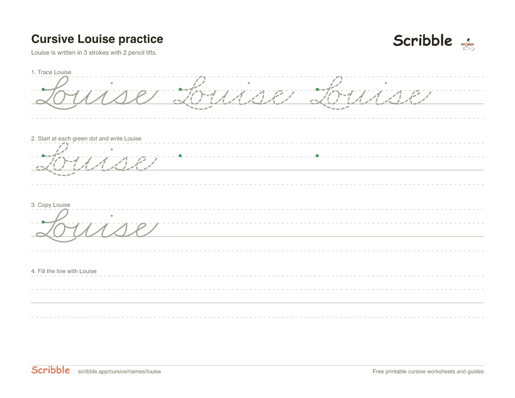 Preview of the printable Louise in cursive worksheet: trace, copy, and practice rows