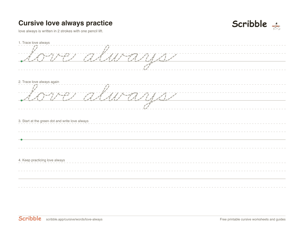 Preview of the printable love always in cursive worksheet: trace, copy, and practice rows