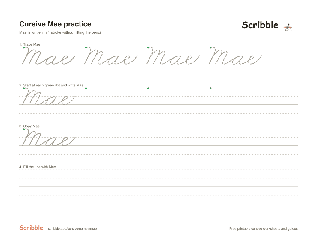 Preview of the printable Mae in cursive worksheet: trace, copy, and practice rows