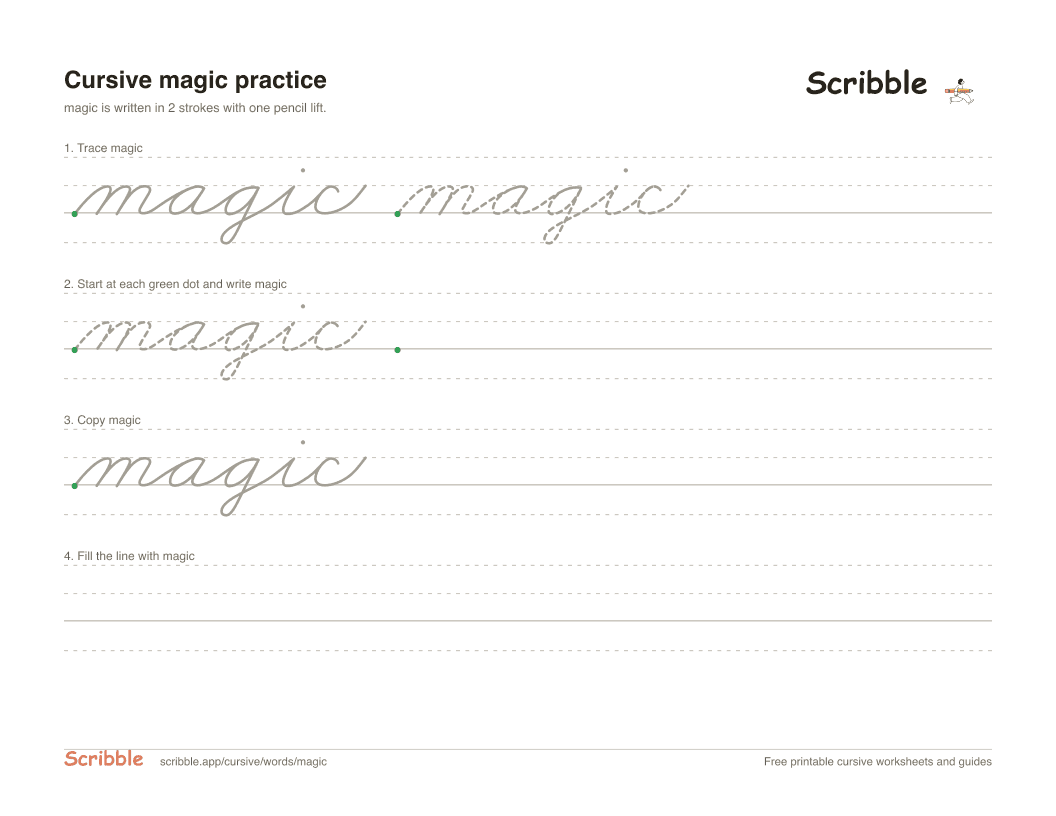 Preview of the printable magic in cursive worksheet: trace, copy, and practice rows
