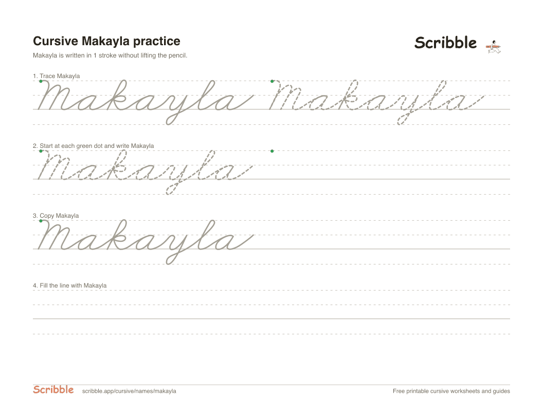 Preview of the printable Makayla in cursive worksheet: trace, copy, and practice rows