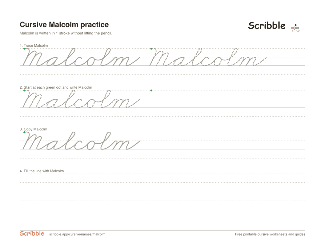 Preview of the printable Malcolm in cursive worksheet: trace, copy, and practice rows