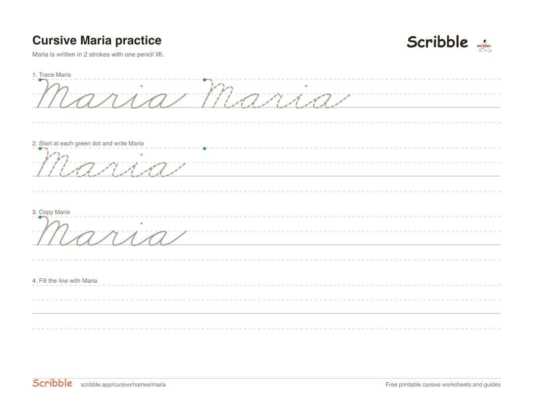 Preview of the printable Maria in cursive worksheet: trace, copy, and practice rows