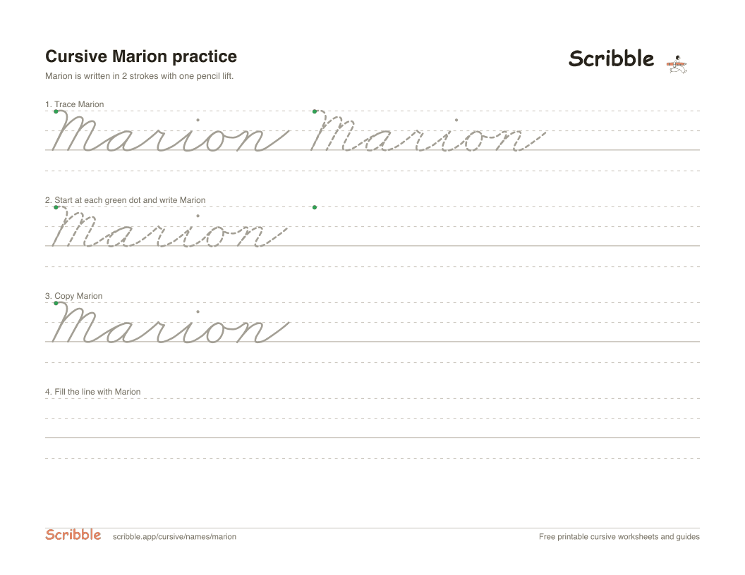 Preview of the printable Marion in cursive worksheet: trace, copy, and practice rows