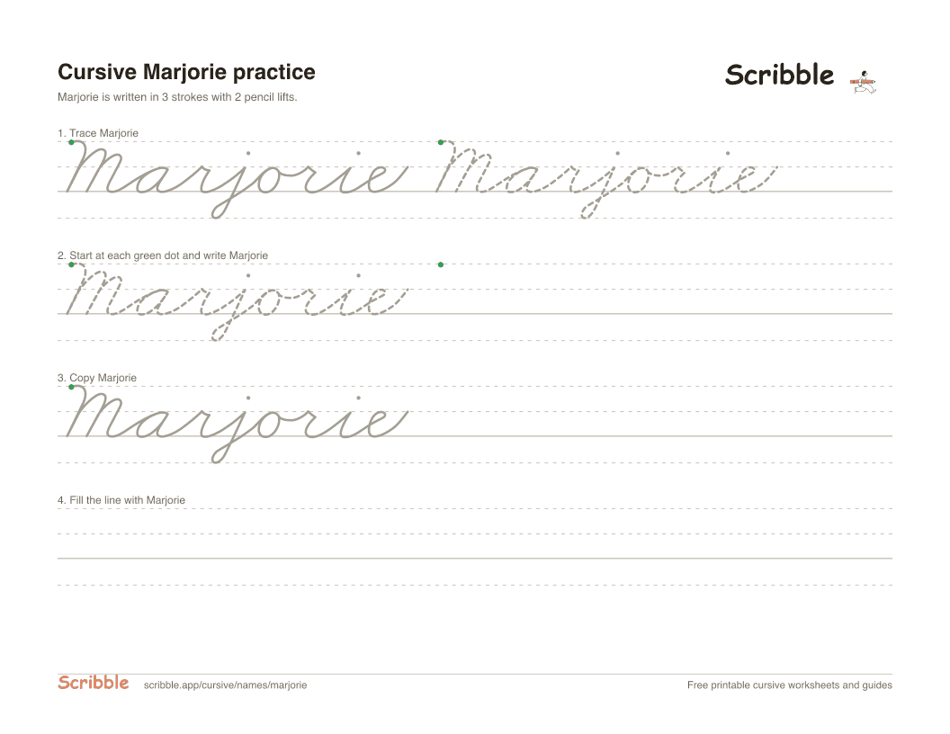 Preview of the printable Marjorie in cursive worksheet: trace, copy, and practice rows