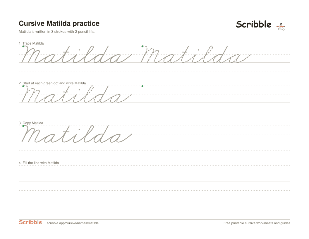 Preview of the printable Matilda in cursive worksheet: trace, copy, and practice rows