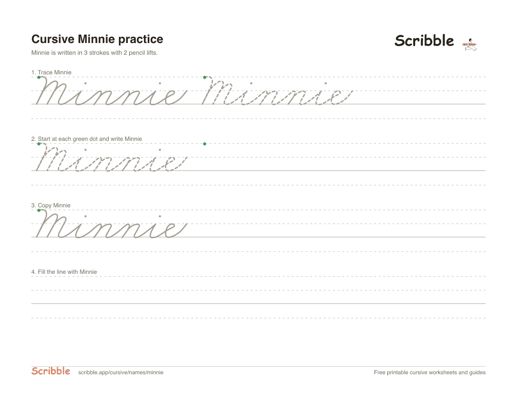 Preview of the printable Minnie in cursive worksheet: trace, copy, and practice rows