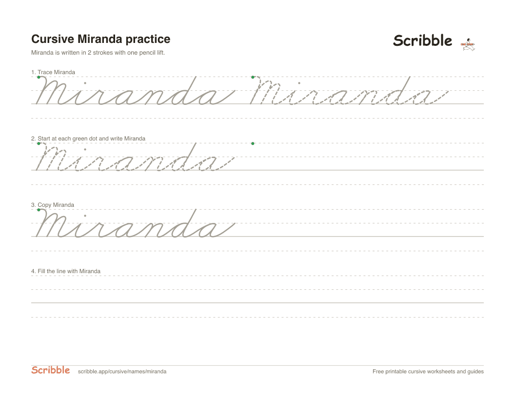 Preview of the printable Miranda in cursive worksheet: trace, copy, and practice rows