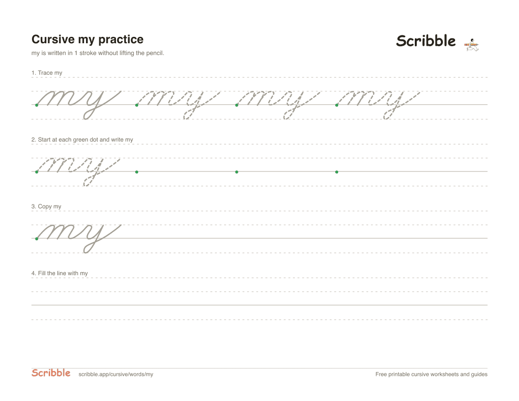 Preview of the printable my in cursive worksheet: trace, copy, and practice rows