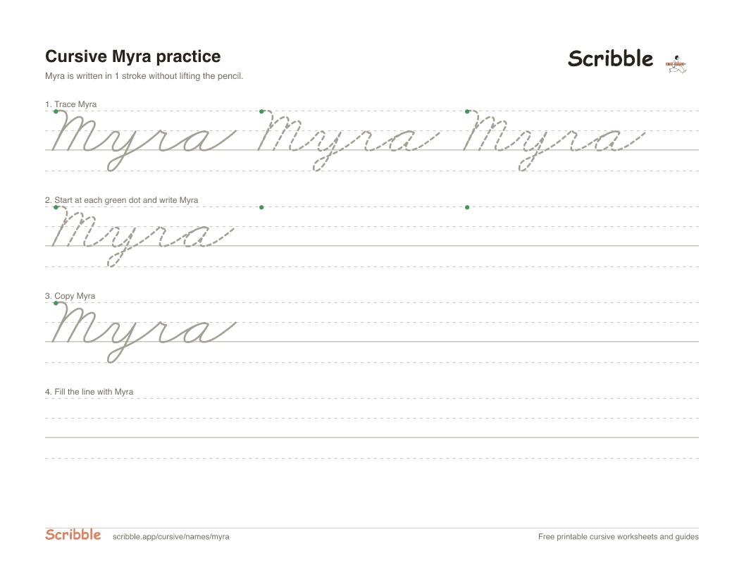 Preview of the printable Myra in cursive worksheet: trace, copy, and practice rows
