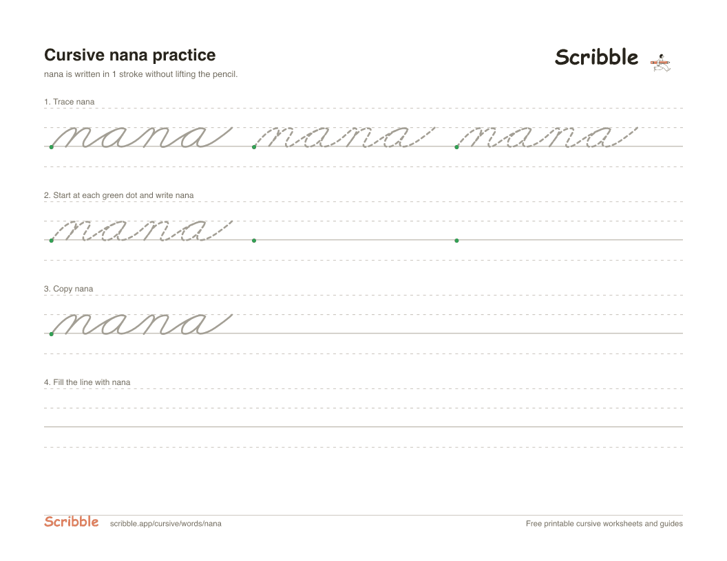 Preview of the printable nana in cursive worksheet: trace, copy, and practice rows