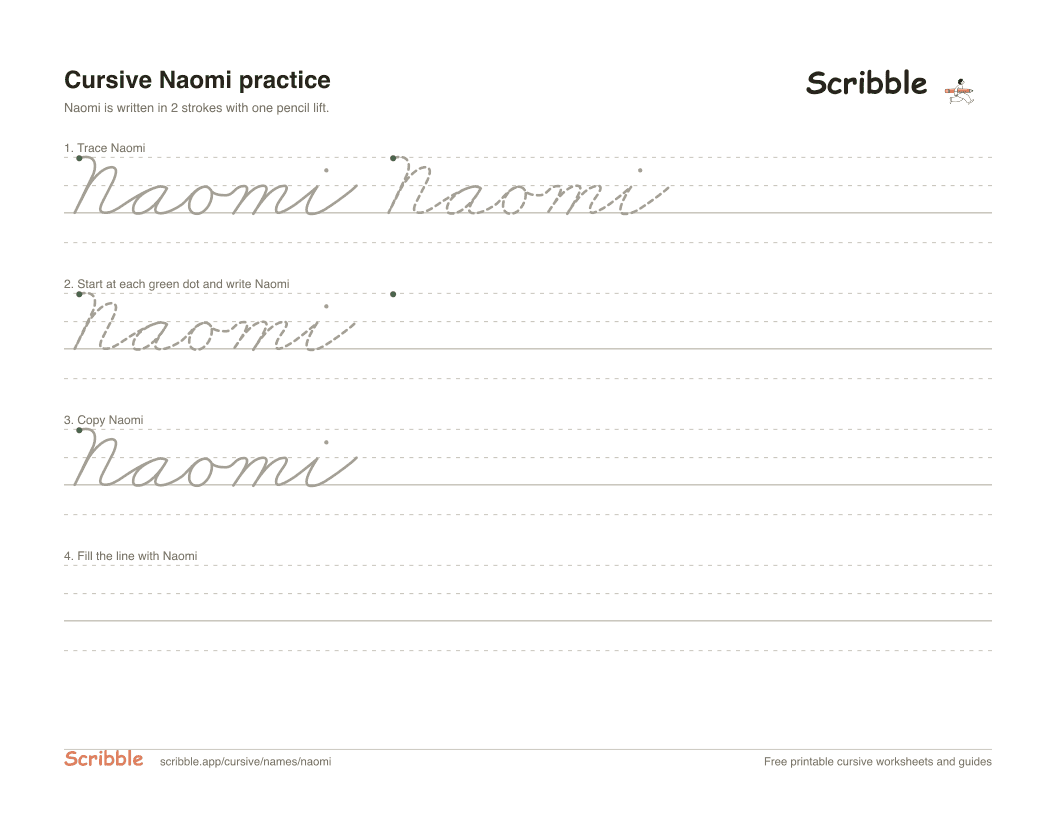 Preview of the printable Naomi in cursive worksheet: trace, copy, and practice rows