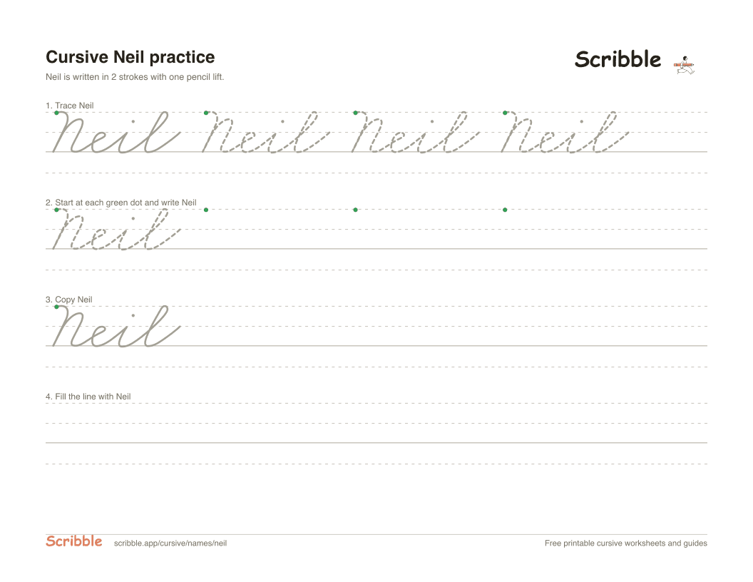 Preview of the printable Neil in cursive worksheet: trace, copy, and practice rows