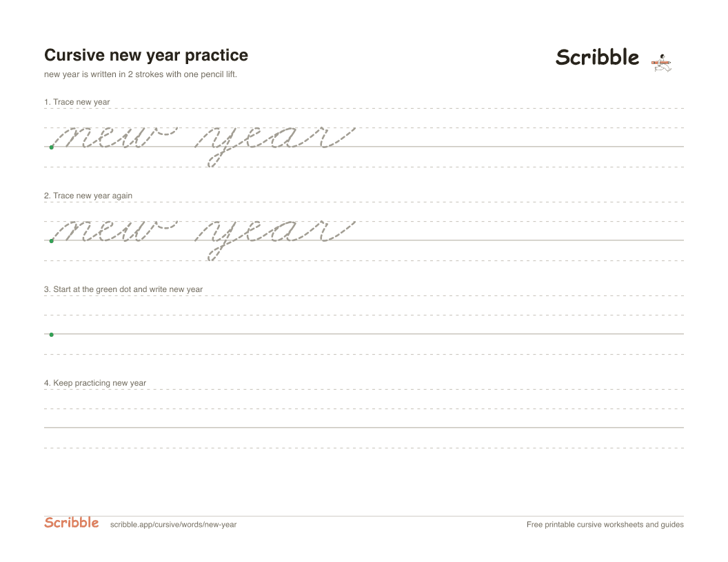 Preview of the printable new year in cursive worksheet: trace, copy, and practice rows