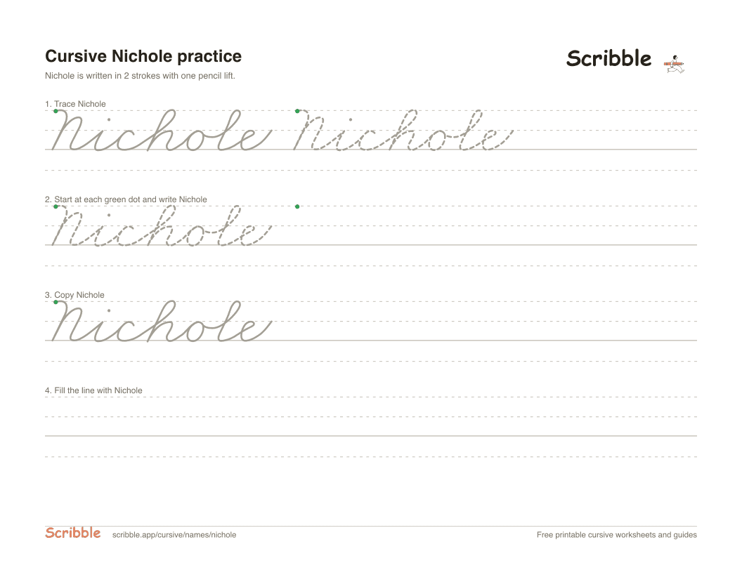 Preview of the printable Nichole in cursive worksheet: trace, copy, and practice rows