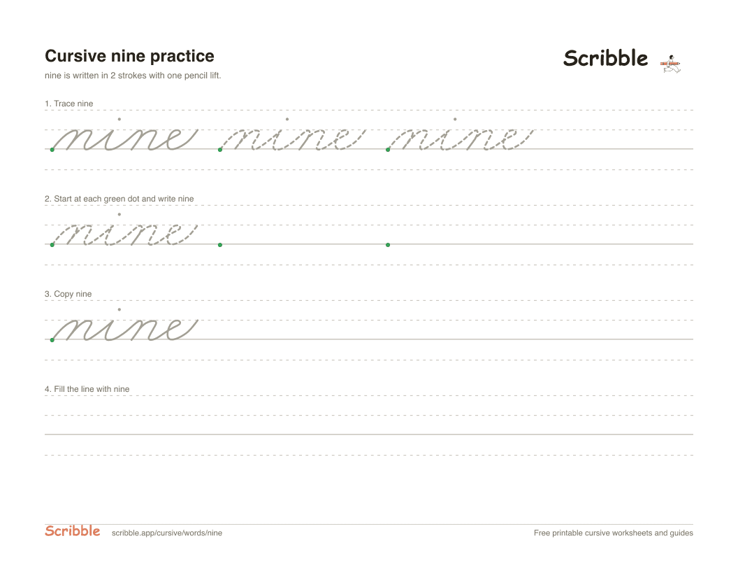 Preview of the printable nine in cursive worksheet: trace, copy, and practice rows