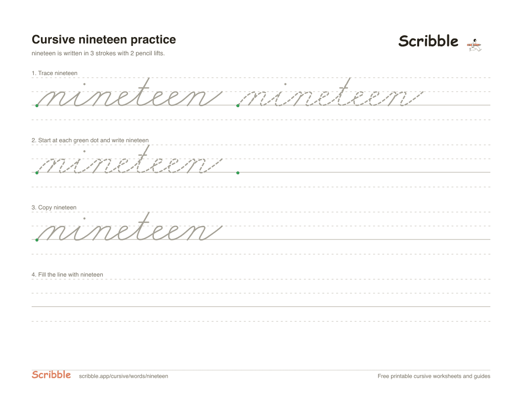 Preview of the printable nineteen in cursive worksheet: trace, copy, and practice rows
