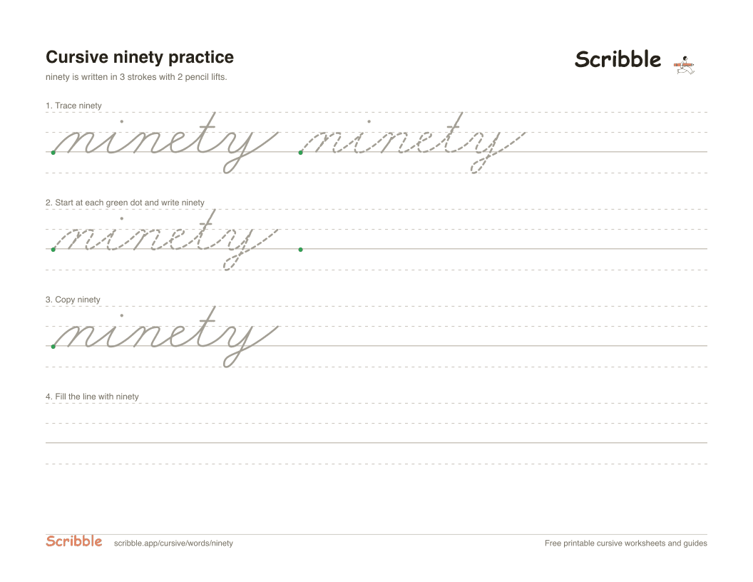 Preview of the printable ninety in cursive worksheet: trace, copy, and practice rows