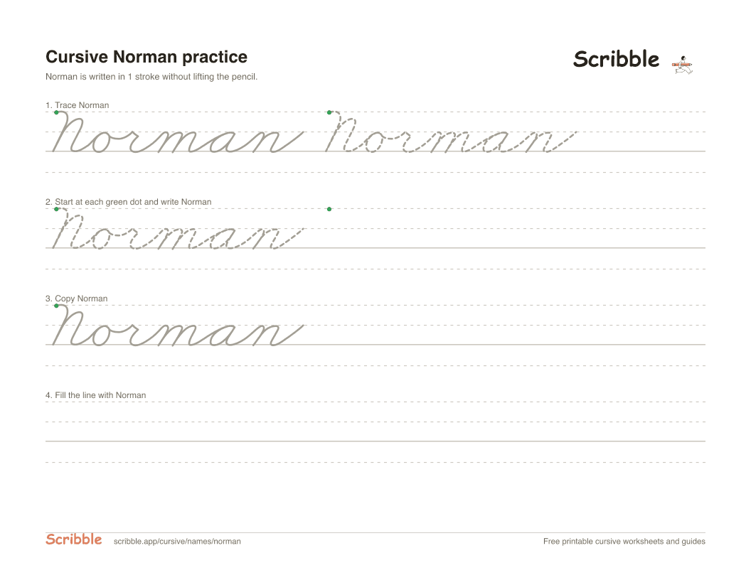 Preview of the printable Norman in cursive worksheet: trace, copy, and practice rows
