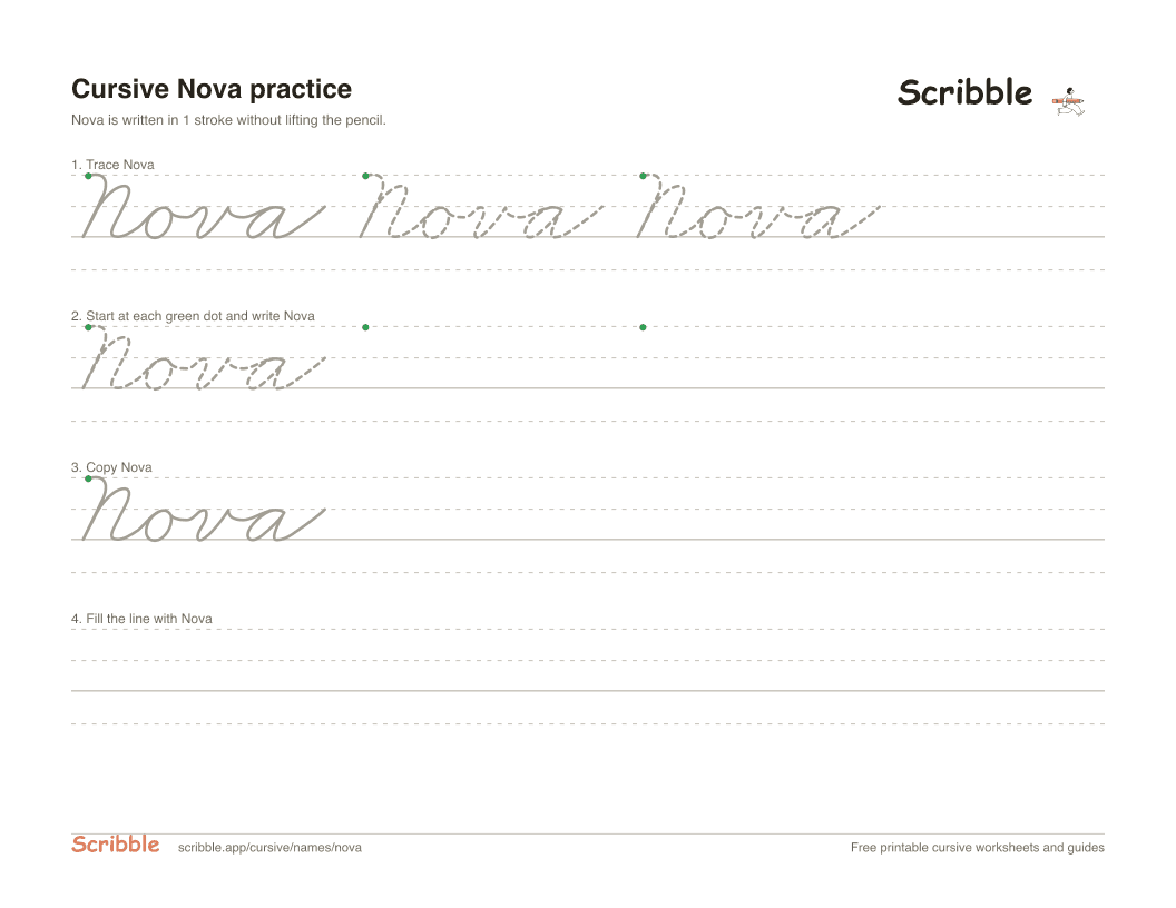 Preview of the printable Nova in cursive worksheet: trace, copy, and practice rows
