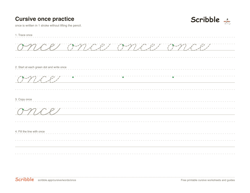 Preview of the printable once in cursive worksheet: trace, copy, and practice rows