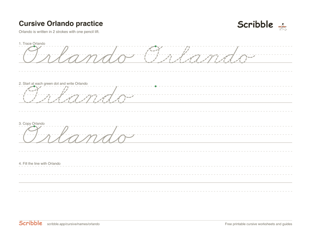 Preview of the printable Orlando in cursive worksheet: trace, copy, and practice rows