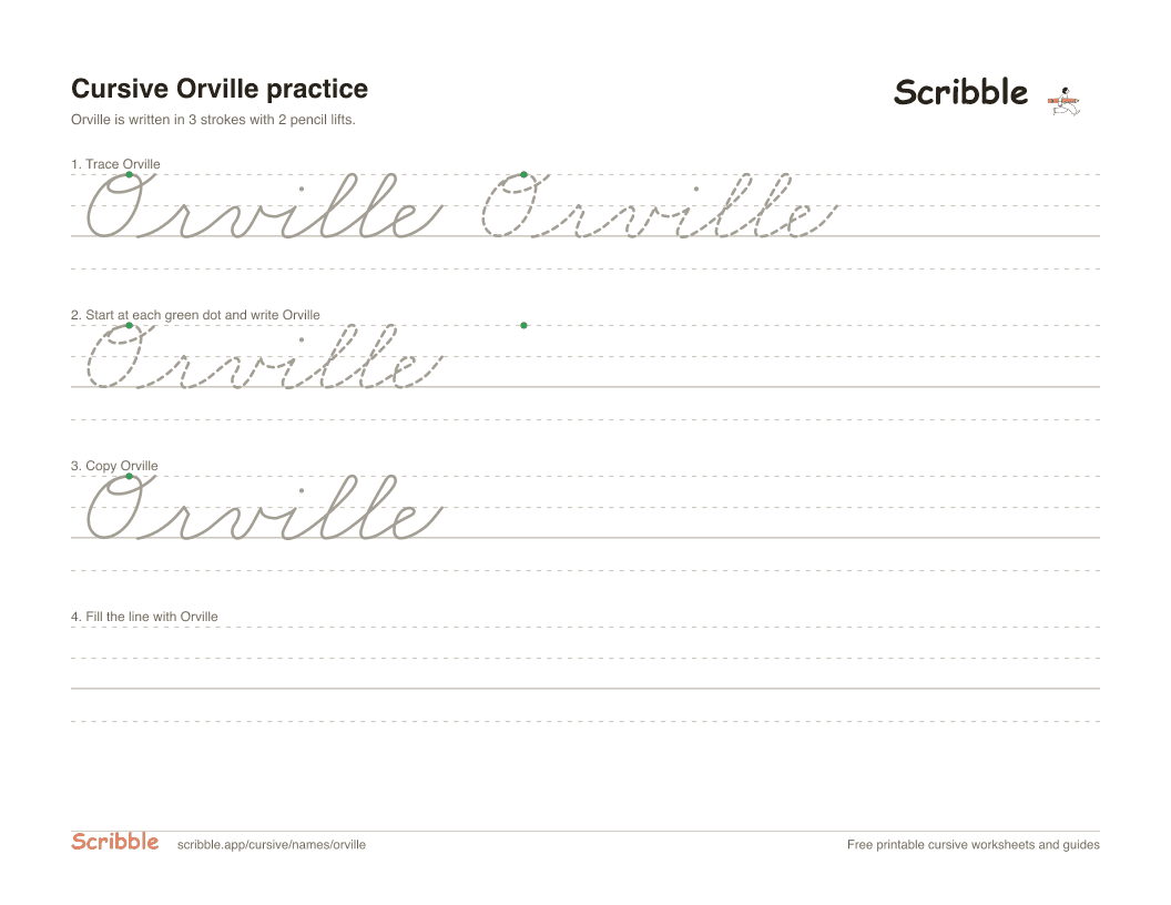 Preview of the printable Orville in cursive worksheet: trace, copy, and practice rows
