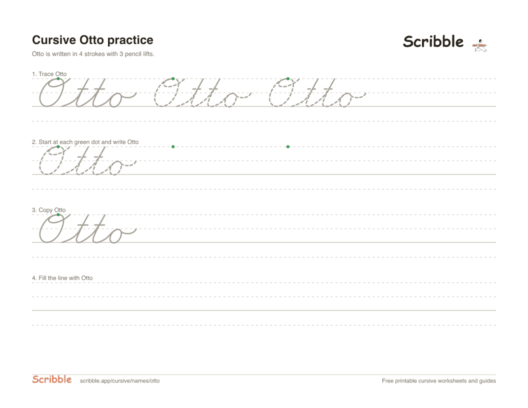 Preview of the printable Otto in cursive worksheet: trace, copy, and practice rows