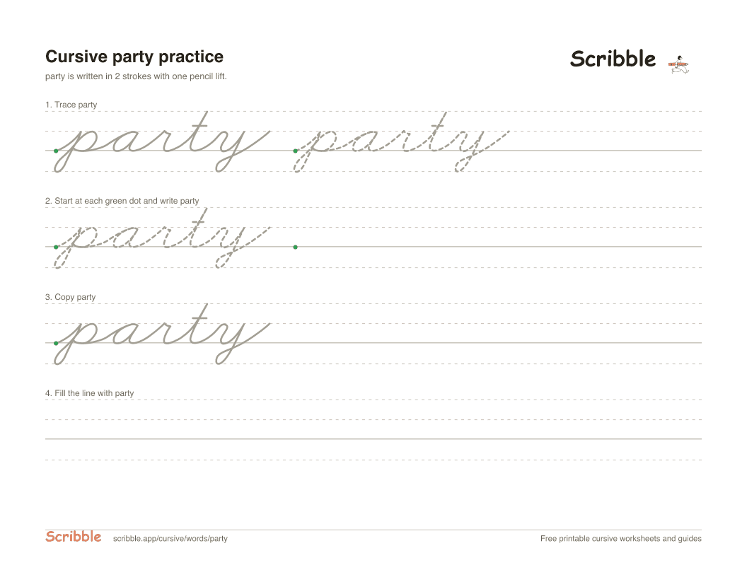 Preview of the printable party in cursive worksheet: trace, copy, and practice rows