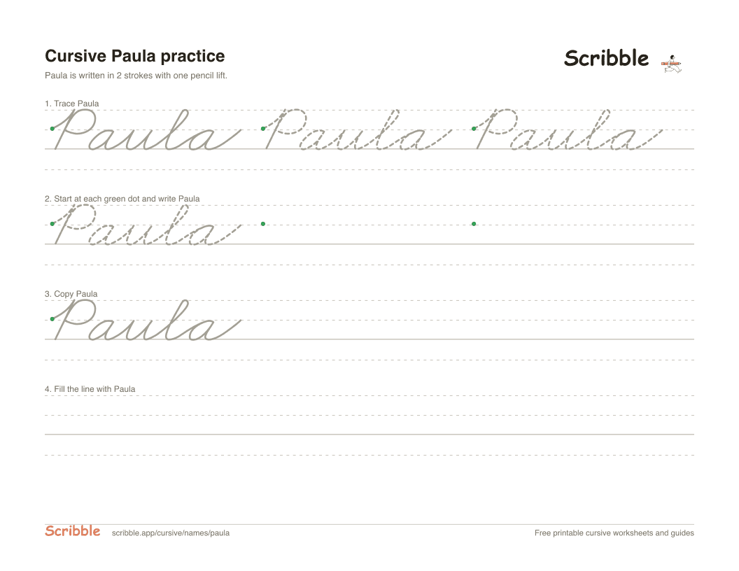Preview of the printable Paula in cursive worksheet: trace, copy, and practice rows
