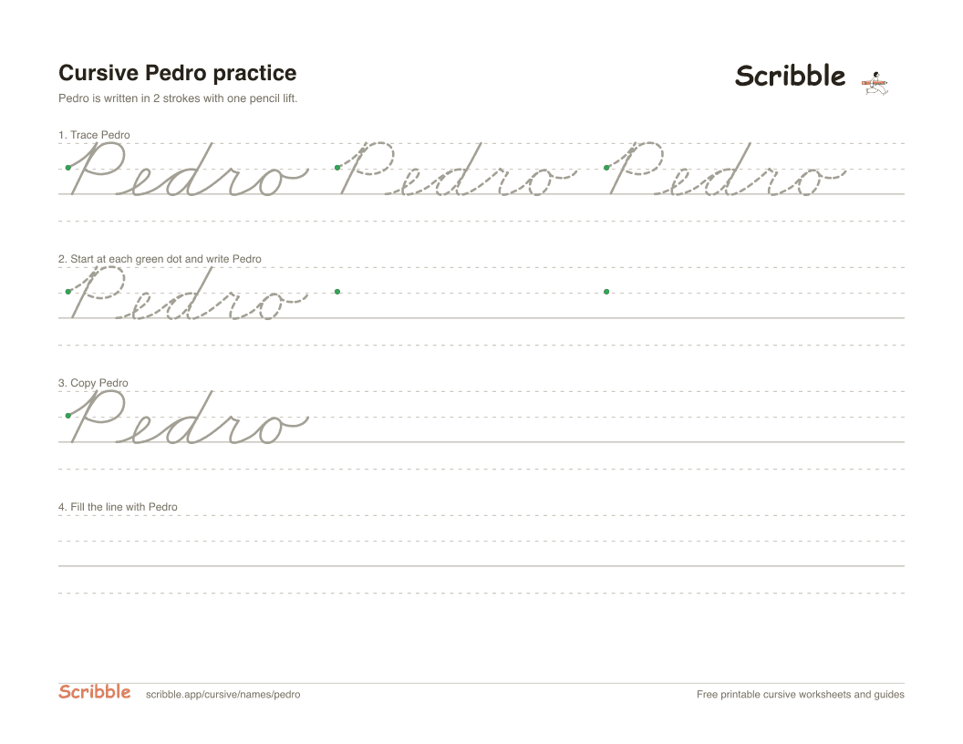 Preview of the printable Pedro in cursive worksheet: trace, copy, and practice rows