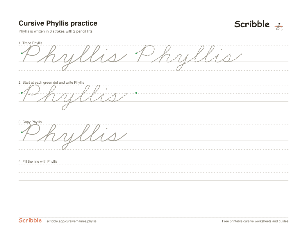 Preview of the printable Phyllis in cursive worksheet: trace, copy, and practice rows