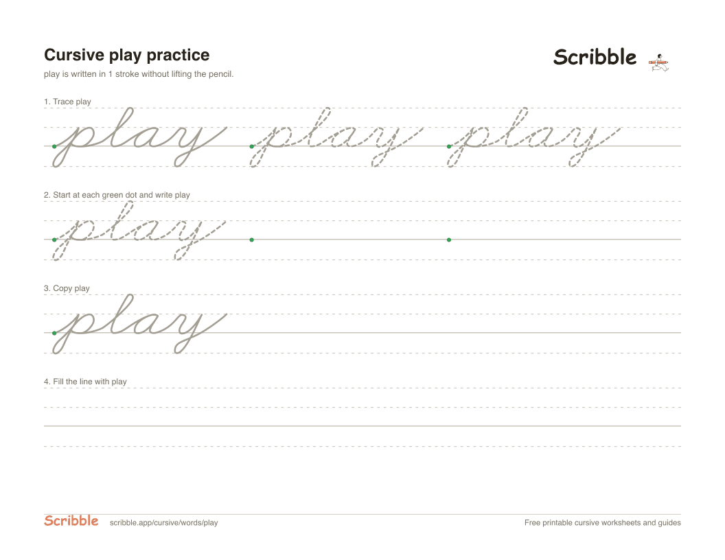 Preview of the printable play in cursive worksheet: trace, copy, and practice rows