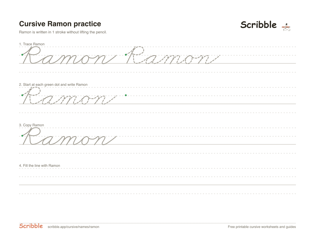 Preview of the printable Ramon in cursive worksheet: trace, copy, and practice rows