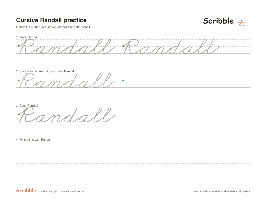 Preview of the printable Randall in cursive worksheet: trace, copy, and practice rows