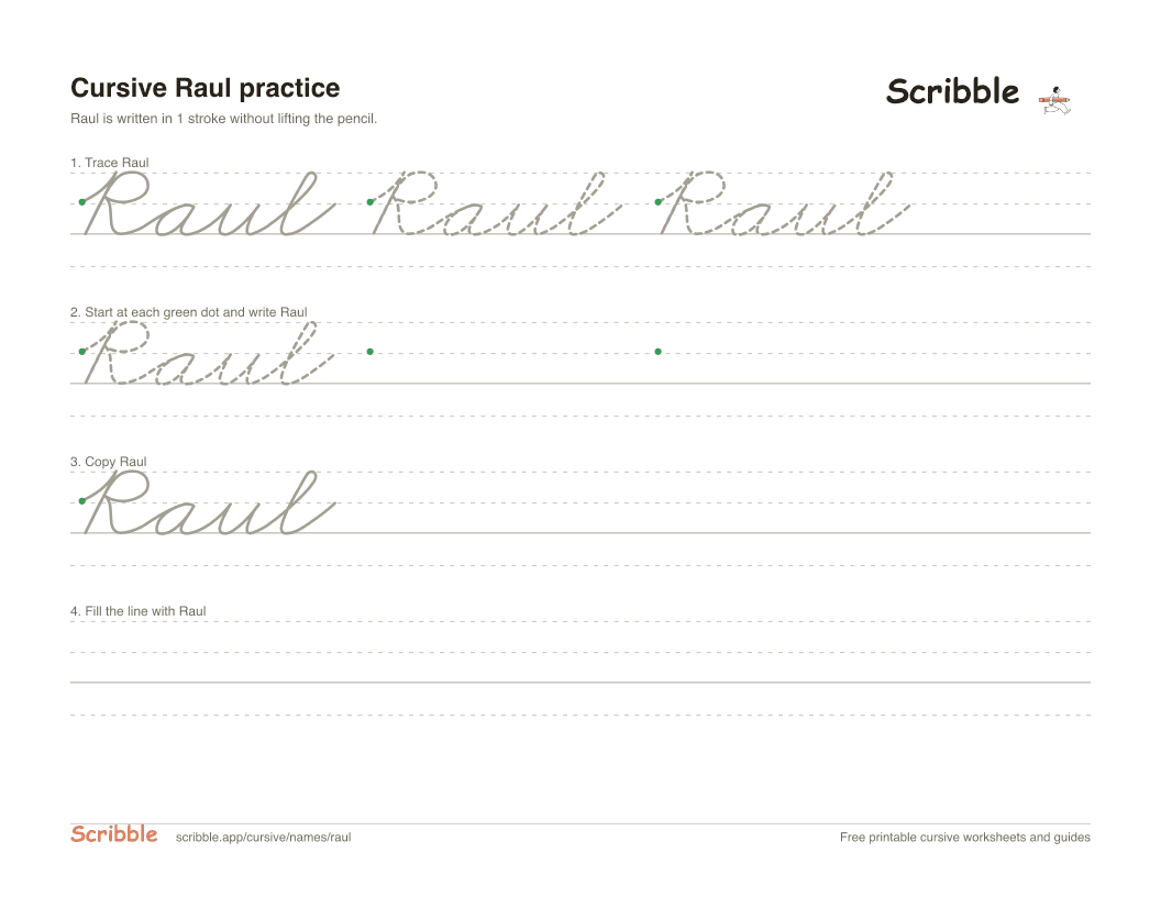 Preview of the printable Raul in cursive worksheet: trace, copy, and practice rows