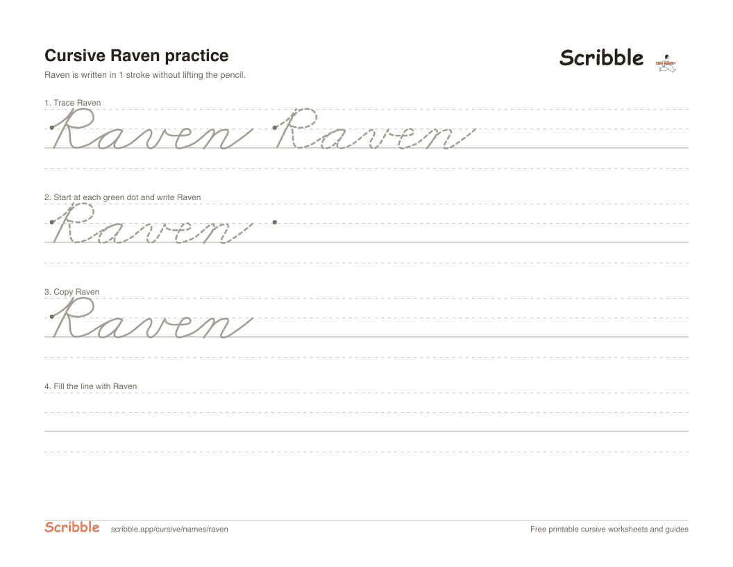 Preview of the printable Raven in cursive worksheet: trace, copy, and practice rows