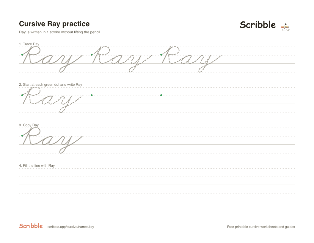 Preview of the printable Ray in cursive worksheet: trace, copy, and practice rows