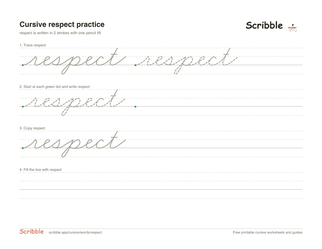 Preview of the printable respect in cursive worksheet: trace, copy, and practice rows