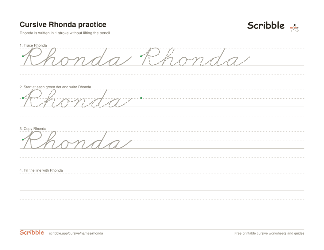Preview of the printable Rhonda in cursive worksheet: trace, copy, and practice rows