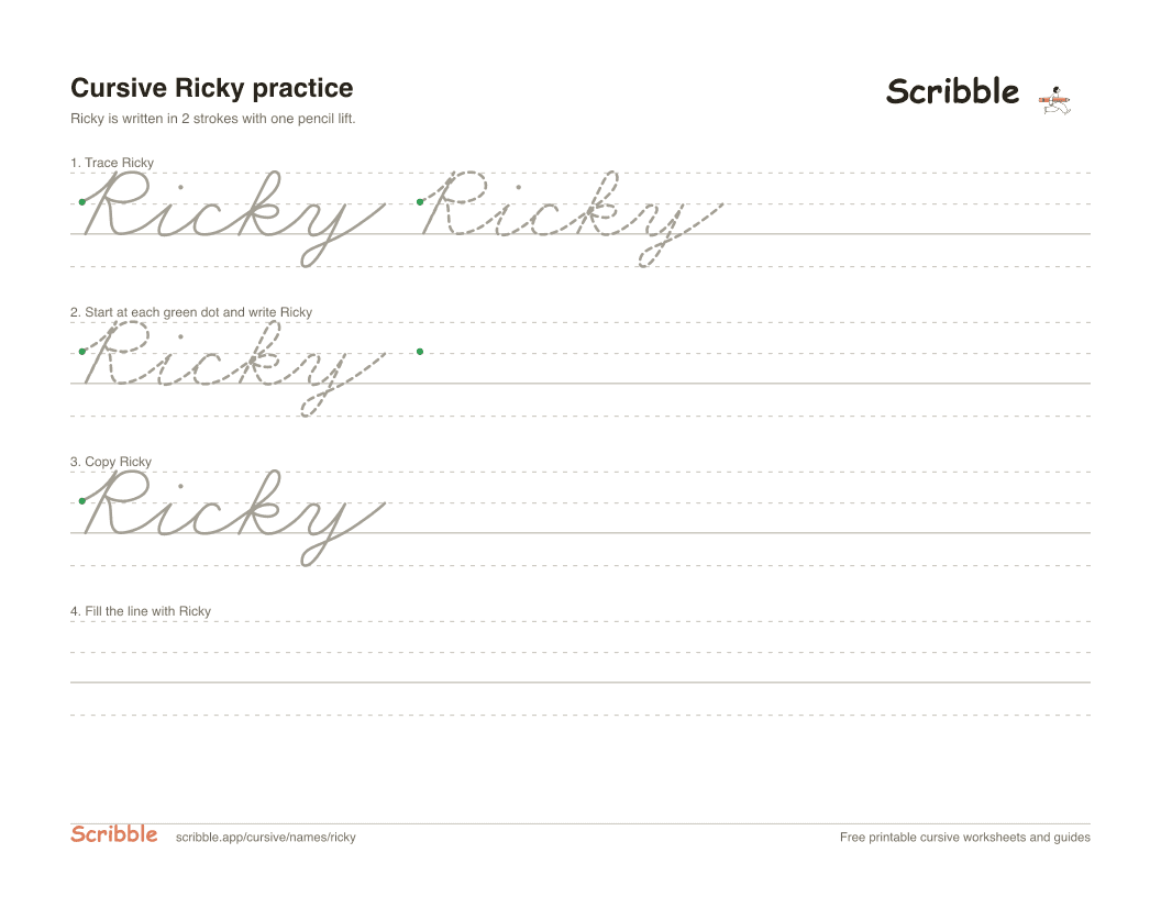 Preview of the printable Ricky in cursive worksheet: trace, copy, and practice rows