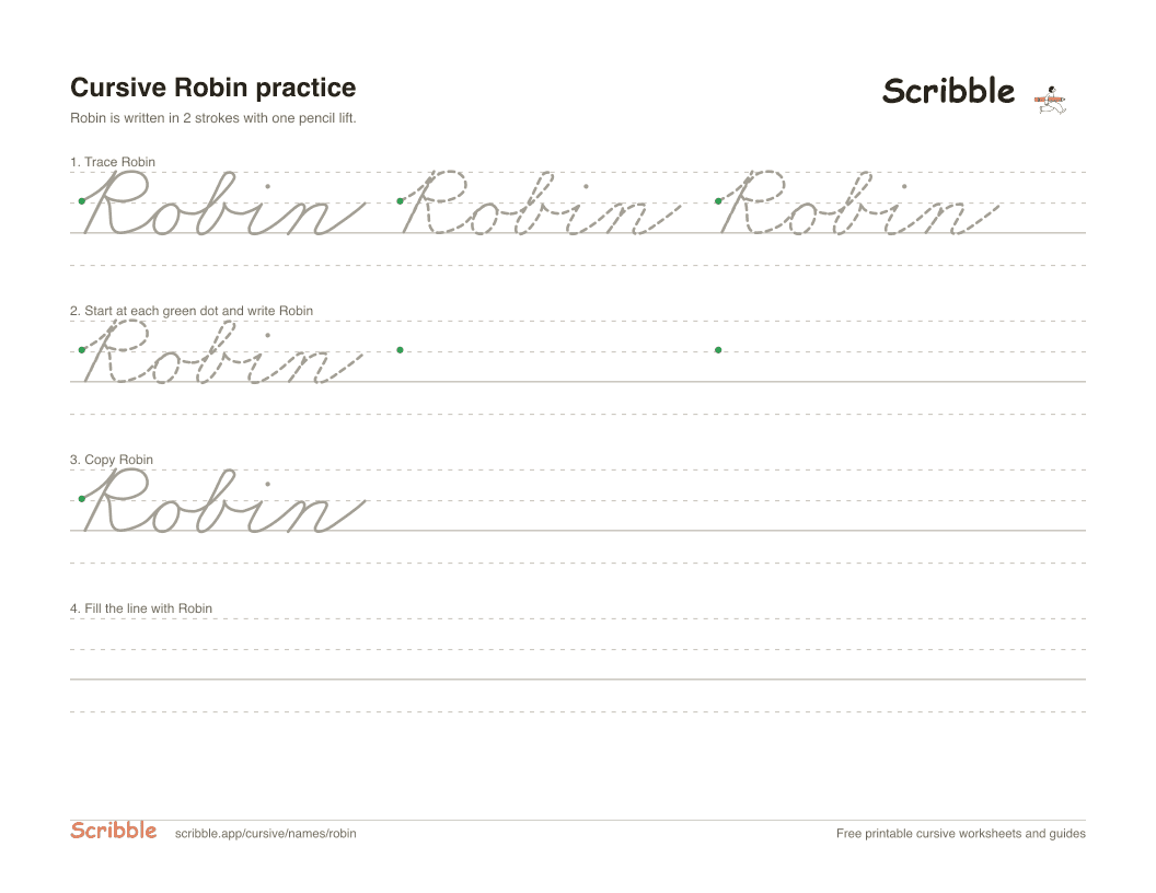 Preview of the printable Robin in cursive worksheet: trace, copy, and practice rows