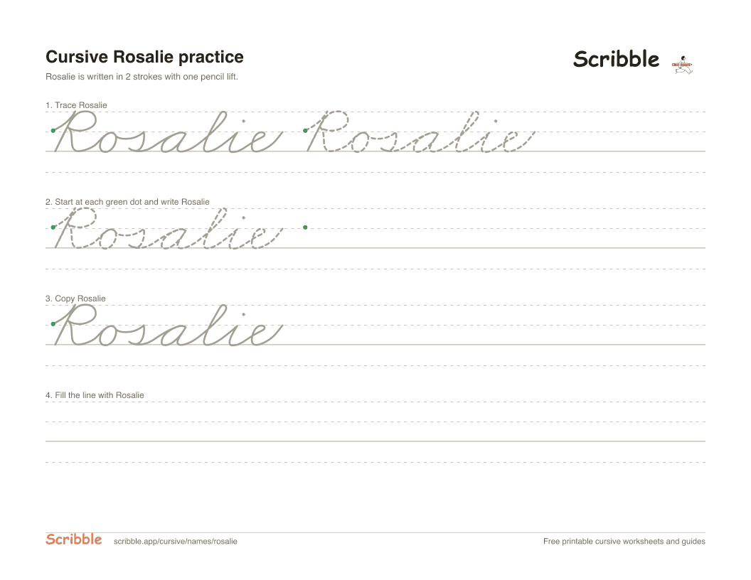 Preview of the printable Rosalie in cursive worksheet: trace, copy, and practice rows