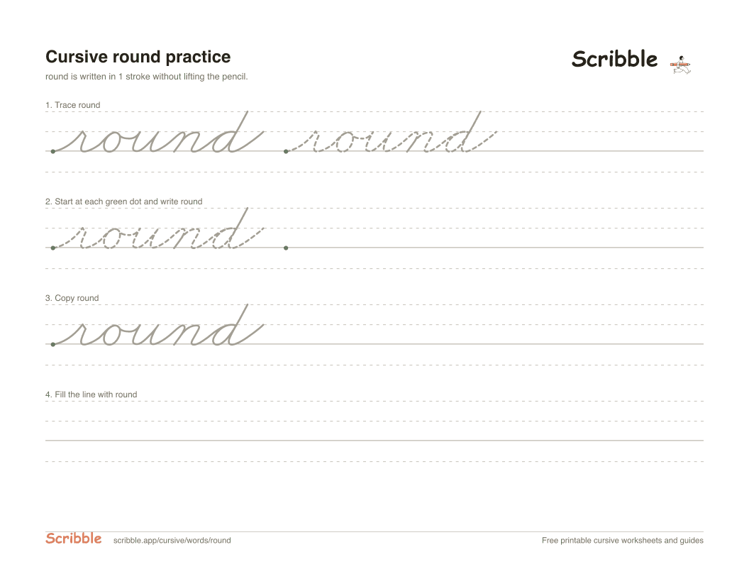 Preview of the printable round in cursive worksheet: trace, copy, and practice rows