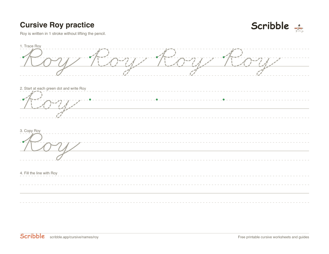 Preview of the printable Roy in cursive worksheet: trace, copy, and practice rows