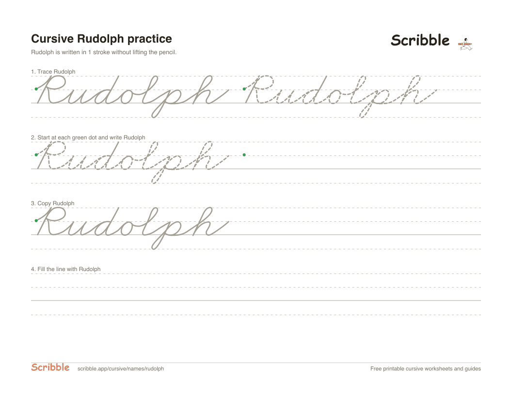 Preview of the printable Rudolph in cursive worksheet: trace, copy, and practice rows