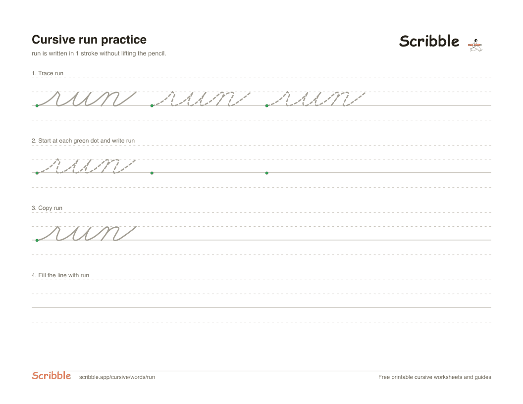 Preview of the printable run in cursive worksheet: trace, copy, and practice rows