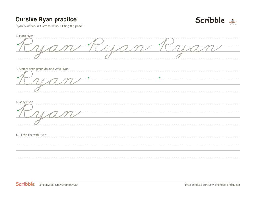 Preview of the printable Ryan in cursive worksheet: trace, copy, and practice rows