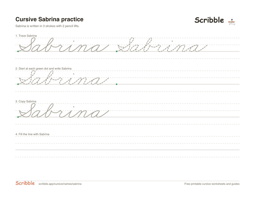 Preview of the printable Sabrina in cursive worksheet: trace, copy, and practice rows